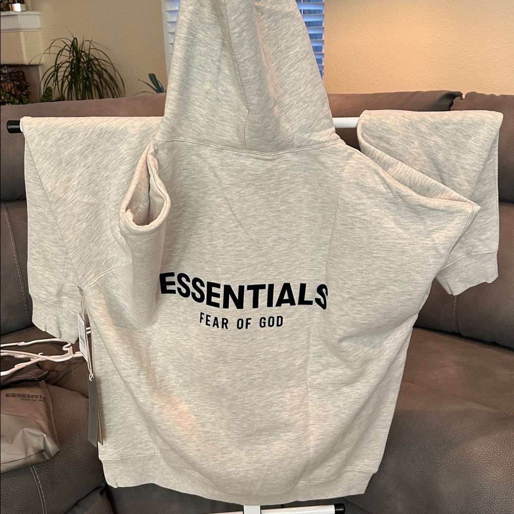 Essentials Fear Of God light oatmeal hoodie. Medium